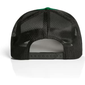 A black mesh trucker cap with a green accent, featuring an adjustable snapback closure and a logo.