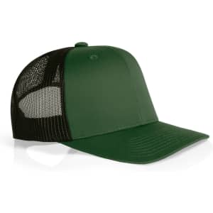 A green Mesh Contrast Trucker Cap featuring a solid front and black mesh sides, complete with a logo.