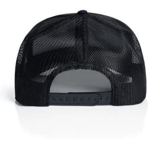 A black mesh trucker cap featuring a solid back with adjustable snap closure.