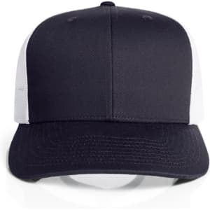 A black and white mesh contrast trucker cap with a structured front and adjustable back. Features a logo on the front.