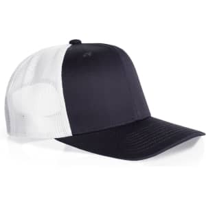 A black and white mesh contrast trucker cap featuring a structured front and a breathable mesh back.