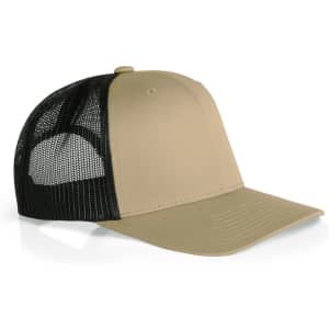 Mesh Contrast Trucker Cap featuring a tan front and black mesh back, with a curved brim and an adjustable strap.