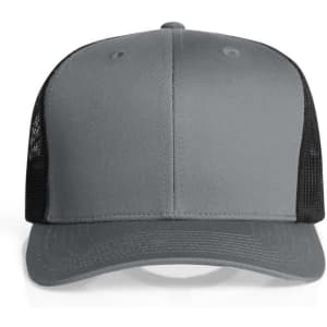 A grey trucker cap with black mesh panels and a structured front. It features a logo on the front.