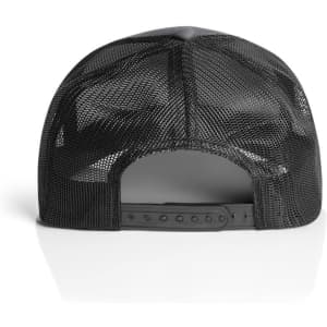 A black trucker cap featuring a mesh back and adjustable snap closure, designed for comfortable wear.