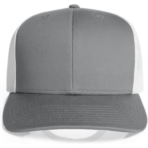 A grey trucker cap with a mesh back and a solid front, featuring a logo on the front panel.