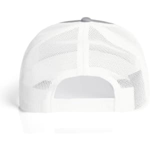 A white Mesh Contrast Trucker Cap featuring a mesh back and adjustable strap, showcasing its sport-inspired design.