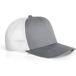 A grey trucker cap featuring a solid front panel and white mesh back. It has a logo on the front.