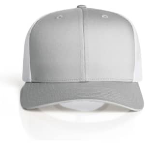 A grey trucker cap with a solid front panel and white mesh sides. It features a logo on the front.