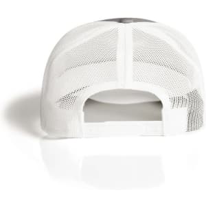 A white mesh trucker cap with a contrasting coloured front panel and an adjustable back.
