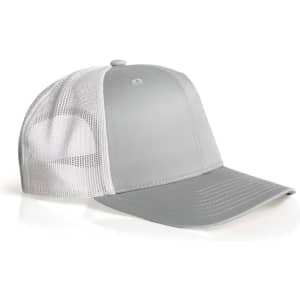 A grey trucker cap with a mesh back and adjustable fit, featuring branding on the front.