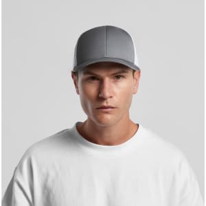 A grey and white mesh contrast trucker cap with a structured peak and a logo on the front.