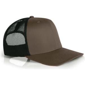 A brown Mesh Contrast Trucker Cap featuring a solid front and a black mesh back. It has a structured design and a logo.
