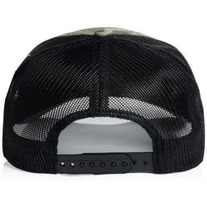 A black mesh cap with a camouflage pattern on the front, featuring an adjustable strap at the back.