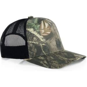 A camo cap featuring a mesh back, showcasing various shades of green and brown in its design.