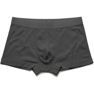 A pair of grey boxer briefs with a smooth waistband, featuring a logo on the waistband.