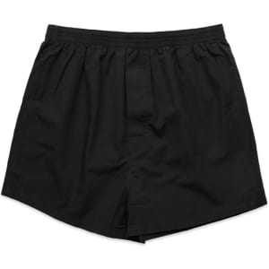 Black boxer shorts with an elastic waistband, featuring pleats and a relaxed fit. The design is simple and classic.
