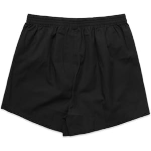 Black boxer shorts with an elastic waistband, featuring a front fly and a simple design.