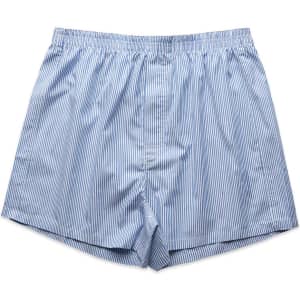 Blue and white striped boxer shorts with an elastic waistband and no noticeable branding.
