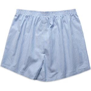 Blue and white striped boxer shorts with an elastic waistband and no visible branding.