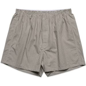 Striped boxer shorts featuring an elastic waistband, in tones of grey and white. The shorts have a loose fit.