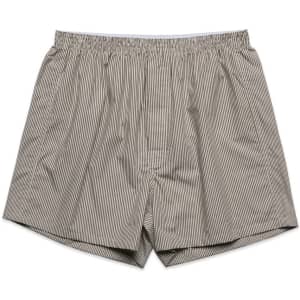 Striped boxer shorts in grey and white with an elastic waistband. Features a branded logo.