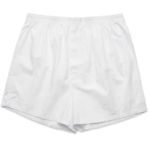 White boxer shorts featuring an elastic waistband and a loose fit, displayed flat against a plain background.