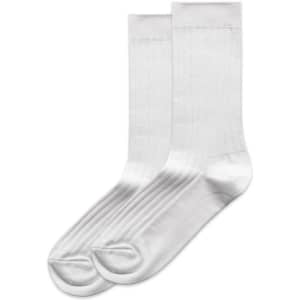 Two pairs of white ribbed socks, featuring a smooth finish and a branded logo.