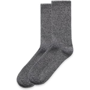 Two pairs of grey socks with a subtle texture, packaged together. Includes a branding logo.