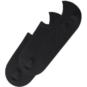 Two pairs of black invisible socks with a low-cut design and curved heel.