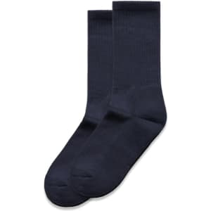 Two pairs of navy blue socks displayed side by side, featuring a ribbed design and a logo.