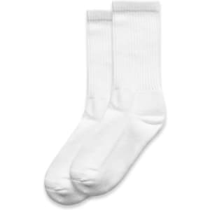 A pair of white socks, featuring ribbed detailing, neatly displayed together.