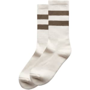 A pair of cream socks featuring two brown stripes and a branding logo.