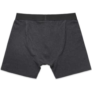 A pair of dark grey trunks with an elastic waistband, featuring a simple design and no visible branding.