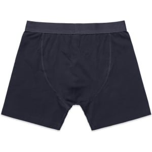 A pair of navy blue boxer shorts with an elastic waistband and a plain design.