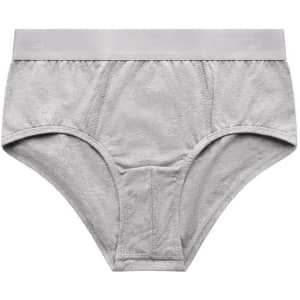 A pair of grey Y-Front Briefs with a soft texture and an elastic waistband. It features a logo on the waistband.