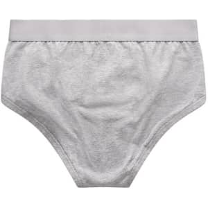A pair of grey Y-Front briefs with a soft elastic waistband, featuring a logo on the waistband.