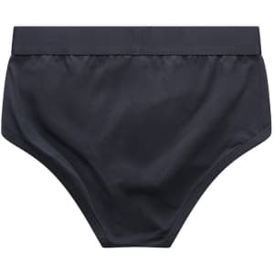 A pair of navy Y-Front briefs with a smooth, elastic waistband and a logo on the waistband.