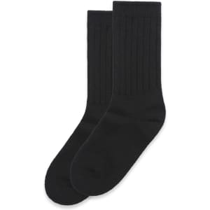 Two pairs of black knit socks with ribbed design. The product includes a logo on one of the socks.