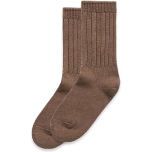 Knit socks in a warm brown hue, featuring ribbed detailing, presented as a pair.