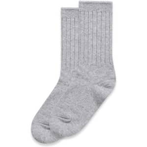 A pair of grey knit socks with ribbed detailing, displayed side by side.