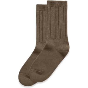 Two pairs of knitted socks in a rich brown colour with a ribbed design. The socks have a simple, classic style.