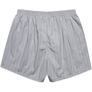 Boxer shorts in light grey with fine white stripes, featuring an elastic waistband and no visible logos.