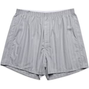 Boxer shorts in a fine grey stripe design, featuring an elastic waistband and loose fit. Includes branding on the waistband.