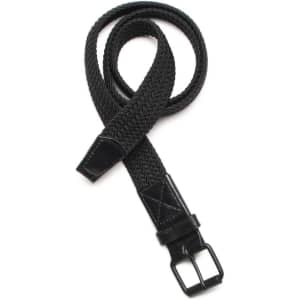 A black woven mesh belt with a square buckle and a leather tip. It features a branded logo.
