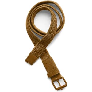 A woven mesh belt in a rich tan colour with a metal buckle and leather accents. Features a brand logo.