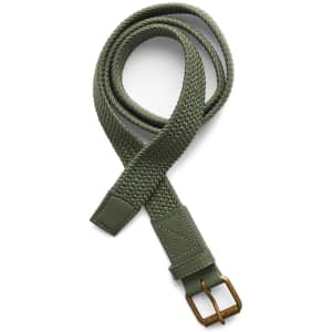 A woven green mesh belt with a brown metallic buckle and leather accents. Features a logo on the buckle.