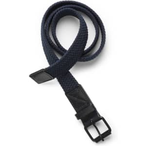 A dark navy mesh belt with a black buckle and leather tip, featuring a woven design.
