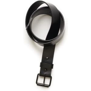 A black leather belt with a metal buckle, featuring a sleek, smooth design.