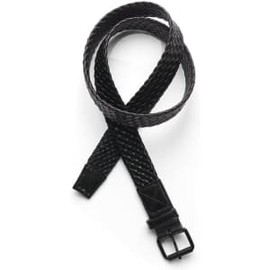 A braided leather belt in black with a square metal buckle, featuring an intricate woven design.