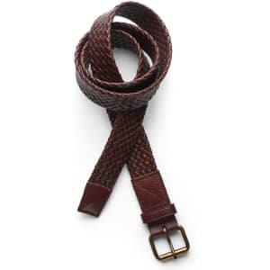 A braided leather belt in dark burgundy with a gold-tone buckle, featuring a textured design.